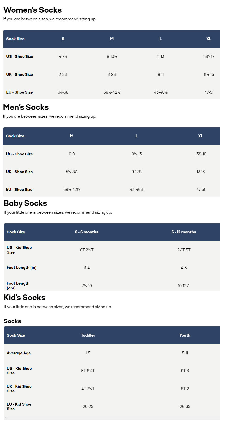 Socks Size Guide